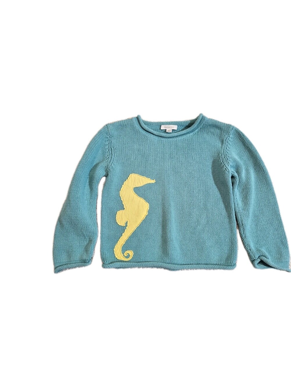 garnet hill Girls Sz S 💯 cotton Pullover Sweater Green  With Yellow Seahorse